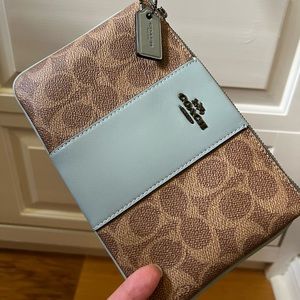 Signature Canvas Colorblock Leather Zip Top Small Wristlet